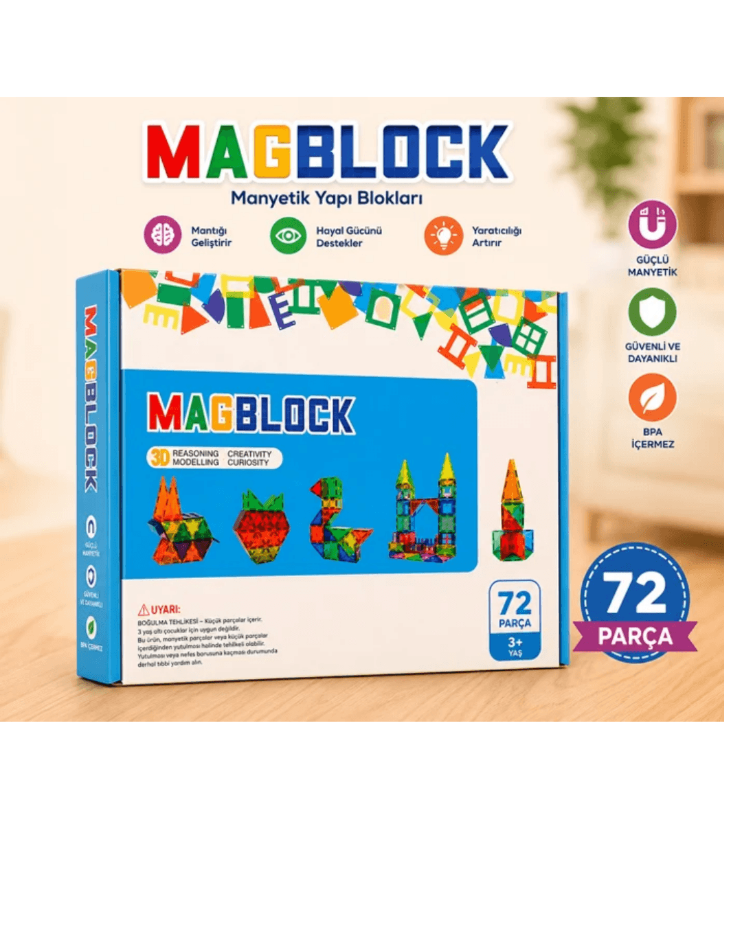 Magblock 72 Parça Manyetik Yapı Blokları - Tamamı Mıknatıslı Destekleyici Set